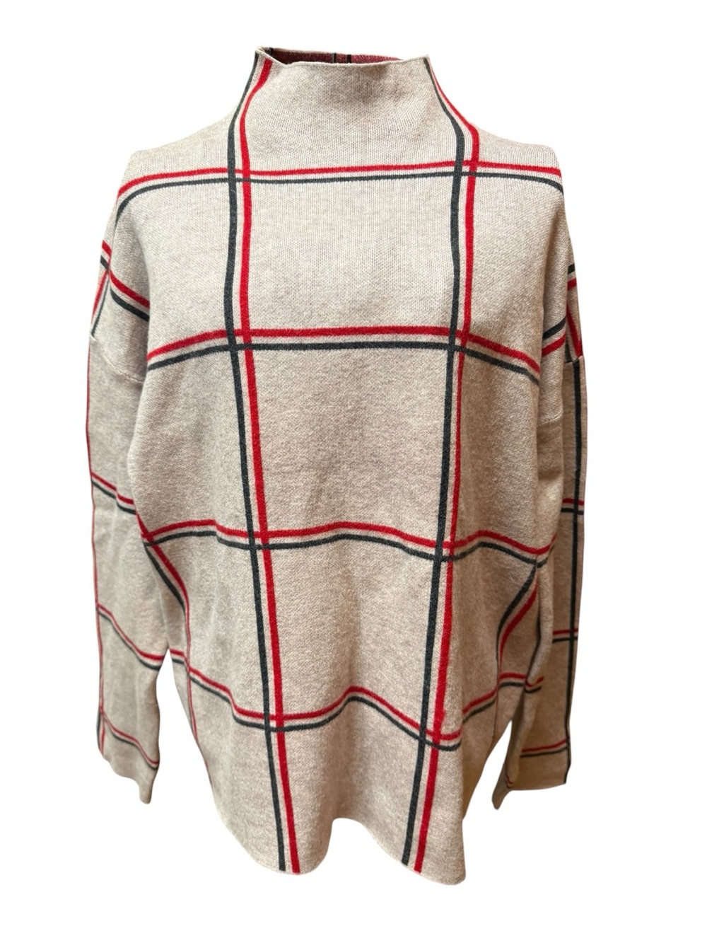 Tahari Beige Plaid Mock Neck Classic Sweater with Red & Black Windowpane